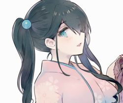 1girl bad_id bad_twitter_id black_hair blue_eyes from_side hair_behind_ear japanese_clothes kimono long_hair looking_back nijisanji onomachi_haruka open_mouth pink_kimono portrait side_ponytail smile solo virtual_youtuber white_background zetaro