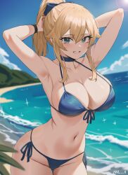 Rule 34 | 1girl, absurdres, armpits, arms behind head, arms up, bare shoulders, beach, bikini, blonde hair, blue bikini, blue eyes, blue sky, blush, bow, breasts, choker, cleavage, collarbone, genshin impact, grin, hair bow, highres, jean (genshin impact), large breasts, long hair, looking at viewer, navel, nvl, ocean, ponytail, shore, sidelocks, sky, smile, solo, swimsuit, thighs