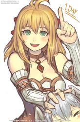 Rule 34 | 2girls, blonde hair, breasts, cleavage, commentary, detached sleeves, fiora (xenoblade), gofelem, green eyes, hair ribbon, head wings, long hair, looking at viewer, melia antiqua, multiple girls, open mouth, red ribbon, ribbon, silver hair, simple background, smile, white background, wings, xenoblade chronicles (series), xenoblade chronicles 1