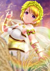 Rule 34 | 1girl, absurdres, artist name, artist request, bare shoulders, blue sky, blush, breasts, brown hair, cherry, cleavage, cloud, collarbone, dress, female focus, food, fruit, hair between eyes, hair ornament, head wreath, highres, jewelry, koizumi hanayo, leaf hair ornament, looking at viewer, love live!, love live! school idol festival, love live! school idol project, miniskirt, nail, nail polish, necklace, night, night sky, orange nails, outdoors, parted lips, plaid, plaid dress, plaid skirt, pleated, pleated dress, pleated skirt, purple eyes, short hair, skirt, sky, sleeveless, sleeveless dress, smile, solo, star (sky), sunset, veil, white dress, white skirt, white veil