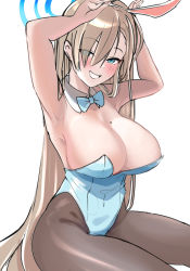 Rule 34 | 1girl, animal ears, armpits, arms behind head, arms up, asuna (blue archive), asuna (bunny) (blue archive), bare shoulders, blue archive, blue leotard, blush, bow, bowtie, breasts, cleavage, fake animal ears, gloves, grin, hair over one eye, large breasts, leotard, light brown hair, long hair, looking at viewer, mitche, mole, mole on breast, pantyhose, playboy bunny, smile, solo, strapless, strapless leotard, thighs, traditional bowtie, white gloves