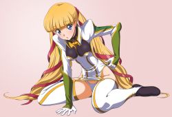 Rule 34 | 1girl, adjusting clothes, adjusting leotard, arm support, blonde hair, blue eyes, blunt bangs, blush, code geass, garter straps, gloves, gradient background, groin, hair ribbon, high collar, highleg, highleg leotard, kimura takahiro, leaning forward, leotard, long hair, long sleeves, looking at viewer, low twintails, military, military uniform, monica kruszewski, official art, parted lips, pink background, puffy sleeves, ribbon, simple background, sitting, solo, thighhighs, turtleneck, twintails, uniform, wariza, white thighhighs