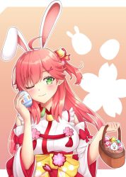 Rule 34 | 1girl, 35p (sakura miko), ;), ahoge, animal ears, basket, blush, breasts, cherry blossom print, closed mouth, commentary request, detached sleeves, easter, egg, fake animal ears, floral print, green eyes, hair ornament, hair over shoulder, hairclip, highres, holding, holding basket, hololive, long hair, object to cheek, one eye closed, one side up, outline, parted lips, pink background, pink hair, rabbit ears, rin (0917608), sakura miko, sakura miko (1st costume), smile, solo, tassel, upper body, virtual youtuber, white outline, x hair ornament