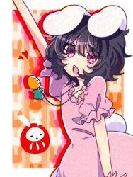 Rule 34 | animal ears, arm up, black hair, border, carrot necklace, chestnut mouth, chinese zodiac, commentary request, daruma doll, dress, drop shadow, frilled dress, frilled sleeves, frills, hair between eyes, inaba tewi, jewelry, looking at viewer, necklace, no nose, open mouth, pink dress, rabbit ears, rabbit tail, red eyes, short hair, short sleeves, tail, teeth, touhou, tsugomori (remilia0398), upper teeth only, white border, year of the rabbit