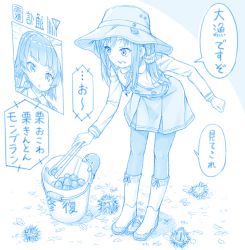 Rule 34 | 1other, 2girls, abyssal ship, arare (kancolle), asashio (kancolle), asashio kai ni (kancolle), blue theme, boots, bucket, buttons, chestnut, dress, food, gotou hisashi, hat, i-class destroyer, kantai collection, kuchiku i-kyuu, leaf, long hair, long sleeves, multiple girls, open mouth, pantyhose, pinafore dress, repair bucket, sleeveless, sleeveless dress, speech bubble, translation request