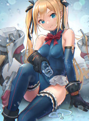 Rule 34 | 1girl, absurdres, azur lane, bare shoulders, black footwear, black gloves, black ribbon, blonde hair, blue eyes, blue leotard, blue one-piece swimsuit, blue thighhighs, bow, bowtie, breasts, dead or alive, dead or alive 5, detached sleeves, eyes visible through hair, gloves, hair ribbon, highres, joeychen, knee up, leotard, long hair, long sleeves, looking at viewer, marie rose, medium breasts, one-piece swimsuit, puddle, red bow, religious offering, ribbon, sitting, smile, solo, swimsuit, thighhighs, thighs, twintails, weapon