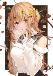 Rule 34 | 1girl, absurdres, black skirt, border, breasts, brown background, brown hair, candy, candy hair ornament, chocolate, chocolate heart, earrings, food, food-themed hair ornament, frills, hair ornament, heart, heart background, highres, jewelry, kome ko, long hair, long sleeves, looking at viewer, medium breasts, nail polish, off-shoulder shirt, off shoulder, open mouth, original, pleated skirt, purple eyes, shirt, skirt, sleeves past wrists, solo, two side up, undershirt, upper body, valentine, white border, white shirt