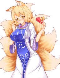 Rule 34 | 1girl, animal ears, blonde hair, blush, box, breasts, fox ears, fox tail, gift, gift box, heart, highres, kuroleo, large breasts, looking at viewer, multiple tails, no headwear, simple background, solo, tabard, tail, touhou, valentine, white background, wide sleeves, yakumo ran, yellow eyes