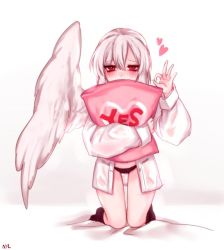 Rule 34 | 1girl, bad id, bad twitter id, black panties, black socks, commentary request, covered mouth, derivative work, feathered wings, full body, hair between eyes, hand up, heart, holding, holding pillow, kishin sagume, kneeling, korean commentary, long sleeves, looking at viewer, no pants, ok sign, panties, pillow, puffy sleeves, red eyes, shan, shirt, short hair, silver hair, simple background, single wing, socks, solo, thighs, touhou, underwear, white background, white shirt, white wings, wings, yes-no pillow