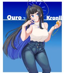 Rule 34 | 1girl, absurdres, black hair, blue background, blue eyes, blue hair, blue nails, border, breasts, character name, colored inner hair, denim, hair intakes, halo, heart, highres, holding, holding pocket watch, hololive, hololive english, jeans, large breasts, long hair, mmneko, multicolored hair, official alternate costume, ouro kronii, ouro kronii (casual), pants, pocket watch, simple background, sleeveless, smile, solo, standing, two-tone hair, virtual youtuber, watch, white border