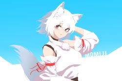 Rule 34 | 1641 (chfhrtor94), 1girl, animal ears, blue background, character name, closed mouth, detached sleeves, hand in own hair, inubashiri momiji, looking at viewer, no lineart, pom pom (clothes), red eyes, short eyebrows, short hair, simple background, solo, tail, touhou, upper body, white hair, wide sleeves, wolf ears, wolf tail