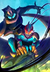 Rule 34 | 2boys, armor, artist name, back-to-back, belt, black armor, black nails, black tail, blue eyes, claw pose, clenched hand, demon boy, dinosaur, fingernails, fourth wall, glowing, glowing eyes, hand on another&#039;s shoulder, helmet, highres, kamen rider, kamen rider revi, kamen rider revice, kamen rider vice, looking at viewer, male focus, monster boy, moon, multiple boys, nail polish, night, night sky, pink armor, reiwa, rex genome, shaded face, sharp fingernails, sharp teeth, shoulder pads, simple background, sketch, sky, spirit, squatting, stamp mark, tail, teeth, tokusatsu, tyrannosaurus rex, upper body, zagizagi