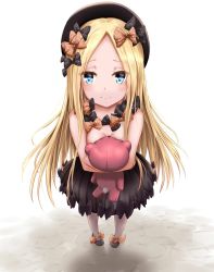 Rule 34 | 1girl, abigail williams (fate), ashfair, black hat, bug, butterfly, eyes visible through hair, fate (series), forehead, foreshortening, full body, hat, highres, holding, holding stuffed toy, insect, long hair, looking at viewer, solo, standing, stuffed toy, topless, very long hair, white legwear