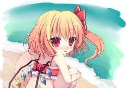 Rule 34 | 1girl, :p, absurdres, bare shoulders, beach, bikini, bikini top only, blonde hair, female focus, flandre scarlet, hair ribbon, highres, hugging own legs, red eyes, ribbon, short hair, smile, solo, squatting, swami, swimsuit, tongue, tongue out, touhou, water, wings