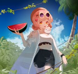 Rule 34 | 1girl, :d, absurdres, animal ears, arknights, bikini, black shorts, blue sky, breasts, brown eyes, brown hat, cat ears, cloud, collarbone, commentary request, day, eyewear on head, flower, food, frilled bikini, frills, fruit, goldenglow (arknights), goldenglow (summer flowers) (arknights), hair ornament, hairclip, hand up, hat, highres, holding, holding food, jacket, medium breasts, mizu moku shio, open clothes, open jacket, open mouth, outdoors, palm tree, pink hair, puffy short sleeves, puffy sleeves, purple-tinted eyewear, round eyewear, short shorts, short sleeves, shorts, sky, smile, solo, swimsuit, tinted eyewear, tree, watermelon, watermelon slice, white bikini, white flower, white jacket