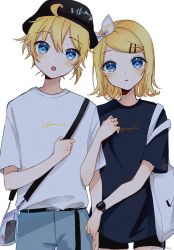 Rule 34 | :o, bag, belt, bike shorts, black headwear, black shirt, black shorts, blonde hair, blue eyes, bucket hat, character name, clothes writing, commentary, cowboy shot, cursive, denim, hat, jeans, kagamine len, kagamine rin, locked arms, looking up, open mouth, pants, phone, pouch, shirt, short hair, short ponytail, shorts, shoulder bag, side-by-side, standing, t-shirt, tono kabeuchi, vocaloid, watch, white shirt, wristwatch