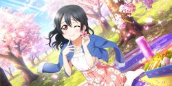 Rule 34 | 1girl, ;), alternate hairstyle, artist name, artist request, black hair, black jacket, blue sky, blurry, blush, bow, branch, breasts, cherry blossom fairy (love live!), cloud, collarbone, day, depth of field, dress shirt, female focus, floating hair, flower, flower print, food, hair between eyes, hair bow, half updo, highres, holding, holding flower, jacket, jacket on shoulders, long hair, looking at viewer, love live!, love live! school idol festival, love live! school idol festival all stars, love live! school idol project, miniskirt, one eye closed, onigiri, outdoors, parted lips, picnic, pink flower, pink skirt, plaid, plaid skirt, pleated, pleated skirt, red eyes, salad, sandwich, shirt, short hair, short twintails, skirt, sky, small breasts, smile, socks, solo, sunlight, tree, twintails, white shirt, yazawa nico