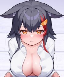 Rule 34 | 1girl, animal ears, black hair, blush, breasts, cleavage, collared shirt, cum, deaver, facial, hair ornament, hairclip, highres, hololive, large breasts, looking at viewer, multicolored hair, ookami mio, open mouth, orange eyes, red hair, shirt, solo, streaked hair, upper body, virtual youtuber, white shirt, wolf ears, wolf girl