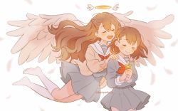 Rule 34 | 2girls, alternate hair length, alternate hairstyle, angel wings, bad id, bad twitter id, beige cardigan, blouse, blurry, blurry background, bow, braid, brown hair, cardigan, closed eyes, closed mouth, clover, clover (flower), dot nose, dual persona, facing viewer, feathered wings, feathers, feet up, flat chest, floating, flower, french braid, glowing, grey shirt, grey skirt, hair between eyes, hair bow, halo, hanasato minori, hands on another&#039;s shoulders, happy, highres, holding, holding clover, kneehighs, konpeito u, light blush, long hair, long sleeves, medium hair, multiple girls, neckerchief, no shoes, open mouth, orange bow, pleated skirt, project sekai, red neckerchief, sailor collar, school uniform, shirt, simple background, skirt, smile, socks, swept bangs, twitter username, two-tone bow, white background, white bow, white feathers, white legwear, white sailor collar, white wings, winged halo, wings