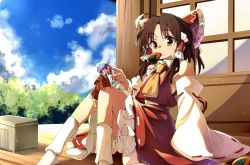 Rule 34 | 2girls, baba (baba seimaijo), barefoot, brown eyes, brown hair, collared shirt, commentary request, food, food in mouth, frilled skirt, frills, hakurei reimu, highres, japanese clothes, kimono, kneehighs, knees up, long sleeves, medium hair, mini person, minigirl, multiple girls, nontraditional miko, purple hair, red shirt, red skirt, ribbon-trimmed sleeves, ribbon trim, senbei, shirt, short hair, sitting, skirt, sleeveless, sleeveless shirt, socks, sukuna shinmyoumaru, touhou, wide sleeves