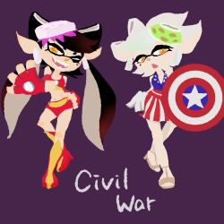 Rule 34 | 2girls, american flag, american flag print, artist request, black hair, blue shirt, boots, bow-shaped hair, brown footwear, callie (splatoon), captain america, captain america (cosplay), captain america (series), captain america civil war, cephalopod eyes, cosplay, cousins, cross-shaped pupils, crossover, earrings, fangs, fingerless gloves, flag print, gloves, green hat, grey hair, hand on own hip, hat, high heels, holding, holding shield, inkling, iron man, iron man (cosplay), iron man (series), jewelry, long hair, looking at viewer, lowres, marie (splatoon), marvel, marvel cinematic universe, midriff, mole, mole under eye, multiple girls, navel, nintendo, one eye closed, open mouth, pink hat, pointy ears, ponytail, print shirt, purple background, red footwear, red gloves, red shirt, red shorts, red skirt, sandals, shield, shirt, shorts, skirt, smile, splatoon (series), squid girl, standing, star (symbol), star print, striped clothes, striped skirt, superhero costume, symbol-shaped pupils, tank top, teeth, tentacle hair, tentacles, twintails, wink, yellow eyes