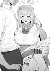 Rule 34 | 1boy, 1girl, angel wings, arm around shoulder, bar censor, blue archive, blush, breasts, capelet, censored, dress, greyscale, halo, highres, hotate-chan, large breasts, large penis, long hair, mika (blue archive), monochrome, open mouth, pants, penis, penis awe, sensei (blue archive), shirt, short hair, simple background, white background, wings