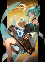 Rule 34 | 1girl, aged down, aqua hair, breasts, chinese commentary, closed mouth, commentary request, covered navel, crescent moon, detached sleeves, dress, eyeliner, genshin impact, hair ornament, highres, instrument, lack, madame ping (genshin impact), medium breasts, moon, mountain, music, playing instrument, red eyeliner, sidelocks, solo