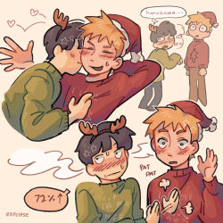 Rule 34 | 2boys, black hair, blonde hair, blunt bangs, blush, christmas, christmas sweater, closed eyes, closed mouth, clothes writing, commentary, english commentary, english text, esper-eclipse, fake horns, green sweater, hanazawa teruki, hand up, hat, head steam, heart, highres, horns, kageyama shigeo, kiss, kissing cheek, long sleeves, male focus, mob psycho 100, multiple boys, open mouth, red headwear, red sweater, santa hat, short hair, simple background, smile, speech bubble, standing, sweater, upper body, yaoi