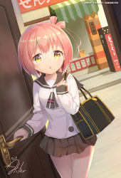 Rule 34 | 10s, 1girl, aliter, artist name, bag, commentary request, day, dutch angle, grey neckwear, grey skirt, highres, holding, ichinose hana, long sleeves, looking at viewer, one side up, open door, parted lips, pink hair, pleated skirt, school bag, school uniform, serafuku, shirt, short hair, shoulder bag, skirt, sleeves past wrists, slow start, solo, white shirt