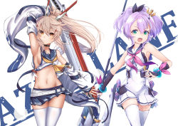 Rule 34 | 2girls, arm up, armpits, ascot, ayanami (azur lane), azur lane, blonde hair, blue skirt, bow, breasts, commentary request, crop top, crown, detached sleeves, dress, green hair, hair between eyes, hair bow, headgear, highres, holding, holding polearm, holding spear, holding sword, holding weapon, javelin (azur lane), long hair, looking at viewer, medium breasts, midriff, mini crown, miniskirt, minosu, multiple girls, navel, neckerchief, open mouth, pink neckerchief, polearm, ponytail, purple hair, red eyes, sailor collar, shirt, short hair, sideboob, sidelocks, simple background, skirt, sleeveless, sleeveless shirt, spear, swept bangs, sword, thighhighs, weapon, white background, white dress, white legwear, white shirt, wide sleeves, yellow ascot, zettai ryouiki