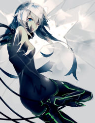Rule 34 | 1girl, ass, blue eyes, bodysuit, boots, breasts, broken glass, chiruru96, crack, glass, long hair, one eye closed, original, shards, silver hair, small breasts, solo, stitches, thigh boots, thighhighs, tube, twintails, very long hair