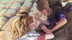 Rule 34 | 2girls, animal ears, barbary lion (kemono friends), beleven, big hair, black shirt, blonde hair, blurry, blurry background, brown hair, clenched teeth, day, dyed bangs, english text, evil smile, face-to-face, from side, fur collar, glowing, glowing eyes, grabbing, highres, holding another&#039;s wrist, kemono friends, lion (kemono friends), lion ears, looking at another, lying, multicolored hair, multiple girls, necktie, on stomach, open mouth, outdoors, parody, plaid neckwear, plaid sleeves, plaid trim, shirt, short sleeves, smile, sweater vest, teeth, the lion king, twitter username, two-tone hair, upper body, v-shaped eyebrows, white shirt, yellow eyes