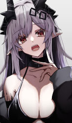 Rule 34 | 1girl, absurdres, arknights, bikini, bikini top only, black bikini, black jacket, breasts, cleavage, highres, horns, jacket, large breasts, long hair, material growth, mudrock (arknights), off shoulder, open mouth, oripathy lesion (arknights), pointy ears, red eyes, simple background, solo, swimsuit, teeth, touko (toko12 tooko), upper body, white background, white hair