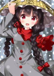 Rule 34 | 1girl, arm up, black hair, blush, bow, braid, breasts, buttons, capelet, clothes writing, commentary request, dress, frills, grey dress, hair between eyes, hair bow, hand on headwear, hand up, hat, highres, long hair, long sleeves, looking to the side, medium breasts, one-hour drawing challenge, open mouth, red bow, red capelet, red eyes, ruu (tksymkw), smile, snow, snow on headwear, snowing, solo, standing, tongue, touhou, tree, twin braids, winter, yatadera narumi, yellow hat