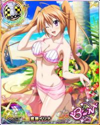 Rule 34 | 10s, 1girl, ;), artist request, beach, blonde hair, blush, breasts, card (medium), character name, chess piece, cleavage, covered erect nipples, halterneck, halterneck, high school dxd, high school dxd born, large breasts, long hair, ocean, official art, one eye closed, purple eyes, rook (chess), sand, see-through, shidou irina, smile, solo, sparkle, swimsuit, trading card, twintails, underboob