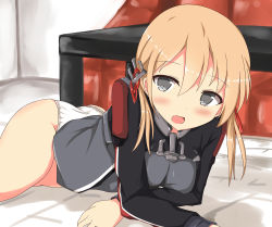 Rule 34 | 10s, 1girl, anchor hair ornament, ass, blonde hair, blush, bottomless, grey eyes, hair ornament, highres, kantai collection, looking at viewer, low twintails, military, military uniform, no headwear, no pants, numahata tofu., open mouth, panties, prinz eugen (kancolle), solo, twintails, underwear, uniform, white panties
