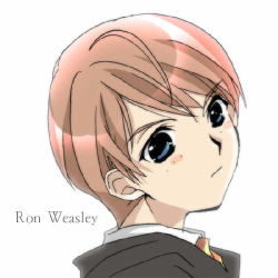 Rule 34 | 1boy, animification, blue eyes, character name, english text, freckles, harry potter (series), koge donbo, male focus, necktie, orange hair, ron weasley, school uniform, simple background, solo, striped, striped necktie, uniform, white background, wizarding world