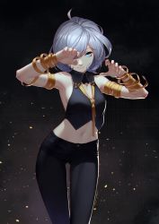Rule 34 | 1girl, ahoge, armband, armpits, arms up, bare shoulders, black background, black pants, blue eyes, buttons, claw pose, closed mouth, collared vest, cowboy shot, hair over one eye, highres, looking at viewer, midriff, navel, original, pants, rekaerb maerd, short hair, silver hair, simple background, sleeveless, smile, solo, stomach, vest, wing collar