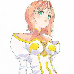 Rule 34 | 1girl, aqua eyes, breasts, bright pupils, chromatic aberration, estellise sidos heurassein, juliet sleeves, long sleeves, medium breasts, open mouth, orange hair, puffy sleeves, shiomi (lowrise), simple background, smile, solo, tales of (series), tales of vesperia, upper body, white background, white pupils