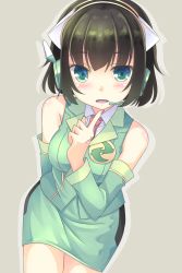Rule 34 | 1girl, bare legs, bare shoulders, black hair, blush, collared shirt, commentary, cowboy shot, detached sleeves, dress shirt, finger to mouth, finger to own chin, green eyes, green jacket, green skirt, grey background, headset, highres, jacket, kyoumachi seika, looking at viewer, necktie, open mouth, pencil skirt, red necktie, shirt, short hair, skirt, skirt set, sleeveless, sleeveless jacket, sleeveless shirt, solo, sumikaze, voiceroid, white shirt