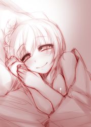 Rule 34 | 1girl, bare shoulders, blush, breasts, female focus, kazetto, looking at viewer, lunasa prismriver, lying, monochrome, nipples, on bed, on side, pov across bed, short hair, sketch, smile, solo, touhou, under covers