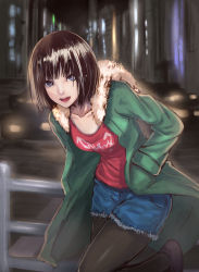 Rule 34 | 1girl, :d, black pantyhose, blue eyes, blue shorts, brown hair, coat, collarbone, denim, denim shorts, fur-trimmed coat, fur trim, green coat, hand in pocket, pantyhose under shorts, looking at viewer, night, open clothes, open coat, open mouth, original, outdoors, pantyhose, print shirt, re (re 09), red shirt, road, shirt, short hair, short shorts, shorts, smile, solo, standing, standing on one leg, street