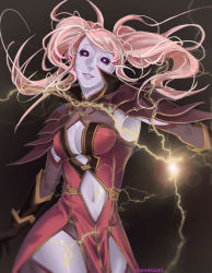 Rule 34 | 1girl, bad id, bad tumblr id, black background, breasts, cleavage, cleavage cutout, clothing cutout, colored skin, cowboy shot, electricity, fire emblem, fire emblem echoes: shadows of valentia, fire emblem gaiden, glowing, glowing eyes, head tilt, highres, mae (fire emblem), magic, nintendo, pink hair, purple skin, simple background, thighhighs, twintails, undead