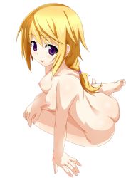 Rule 34 | 10s, 1girl, absurdres, ass, blonde hair, blush, breasts, charlotte dunois, eyebrows, feet, female focus, highres, infinite stratos, legs, long hair, looking at viewer, nipples, nude, nude filter, purple eyes, simple background, small breasts, soles, solo, thighs, third-party edit, toes, white background