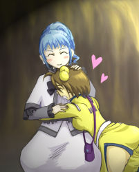 Rule 34 | 2girls, ahoge, ange serena, ass, blue hair, blush, breasts, brown hair, capelet, dress, closed eyes, frills, hair ornament, heart, hug, multiple girls, norma beatty, open mouth, ponytail, ribbon, short hair, smile, tales of (series), tales of innocence, tales of legendia