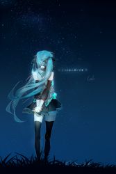 Rule 34 | 1girl, absurdres, arms behind back, bad id, bad pixiv id, black ribbon, black skirt, blue hair, detached sleeves, from behind, hair ribbon, hatsune miku, highres, long hair, night, outdoors, own hands together, pleated skirt, ribbon, skirt, sky, solo, star (sky), starry sky, twintails, vocaloid, yyb