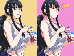 Rule 34 | 10s, 1girl, 71, :p, alternate hairstyle, black hair, blue eyes, brain freeze, breasts, crop top, eyebrows, food, kill la kill, kiryuuin satsuki, long hair, looking at viewer, midriff, navel, ponytail, scrunchie, shaved ice, shirt, solo, summer, sweatdrop, tank top, thick eyebrows, tied shirt, tongue, tongue out, wet, wet clothes, wet shirt