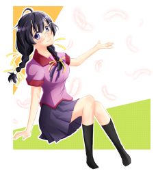 Rule 34 | 1girl, black hair, braid, glasses, hanekawa tsubasa, long hair, monogatari (series), purple eyes, school uniform, solo, twin braids