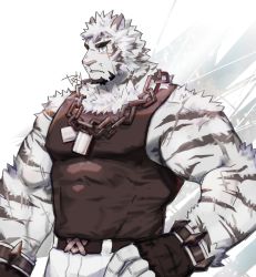Rule 34 | 1boy, animal ears, arknights, bara, bare shoulders, black tank top, bulge, chain, chain necklace, covered abs, dog tags, fingerless gloves, fluffy, furry, furry male, gloves, highres, jewelry, large pectorals, male focus, mountain (arknights), muscular, muscular male, necklace, pants, pectorals, scar, scar across eye, scar on face, short hair, sidepec, sleeveless, solo, tank top, thick thighs, thighs, tiger boy, tiger ears, tiger stripes, white hair, white pants, yanutorie