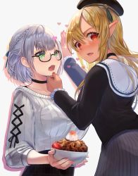 Rule 34 | 2girls, black choker, blonde hair, bow, braid, breasts, choker, dark-skinned female, dark skin, food, grabbing another&#039;s chin, green eyes, hair between eyes, hand on another&#039;s chin, hat, heart, heart-shaped pupils, highres, holding, holding bow (ornament), hololive, large breasts, long hair, long sleeves, looking at another, looking at viewer, looking back, multiple girls, nail polish, noodles, open mouth, pi tayuko, pointy ears, red eyes, red nails, shiranui flare, shiranui flare (street), shirogane noel, shirogane noel (casual), short hair, silver hair, simple background, skirt, striped clothes, striped skirt, sweater, symbol-shaped pupils, udon, vertical-striped clothes, vertical-striped skirt, virtual youtuber, white background, white sweater, yuri